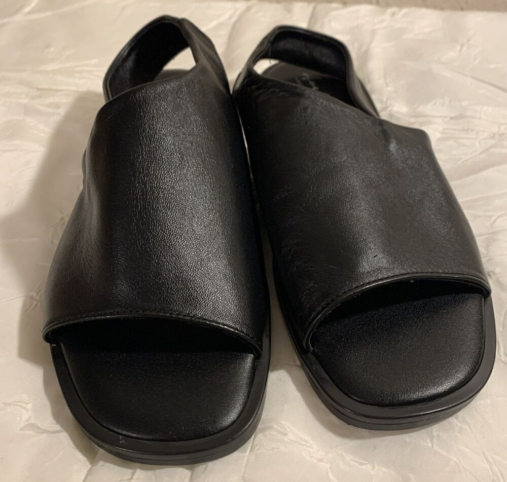 Avellini Italy Genuine Leather Open Toe Sandals Womens 9  Black Flats Sling Back